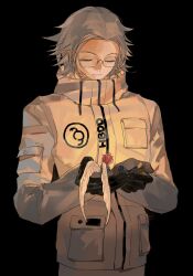  2boys angel angel_wings aotsuki_eito black_background black_gloves closed_eyes facing_away feathered_wings front_zipper glasses gloves grey_hair highres holding holding_mini_person jacket lbhzp light_smile male_focus mini_person multiple_boys red_hair sitting sumino_takumi the_hundred_line_-last_defense_academy- upper_body white_jacket white_wings wings 