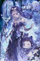  1girl 1other absurdres bare_shoulders black_dress black_veil blue_fire blue_gemstone breasts bridal_veil candle candlestand commentary csyday dress english_commentary eyeshadow falling_petals fire flower gem hair_flower hair_ornament highres holding_candlestand infinity_nikki lipstick long_dress long_hair looking_at_viewer makeup medium_breasts momo_(nikki) nameless_selfless_(infinity_nikki) nikki_(series) off-shoulder_dress off_shoulder one_eye_covered parted_lips petals purple_eyeshadow purple_lips signature smile veil violet_eyes white_hair window 