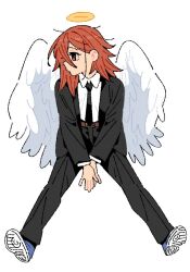  1boy androgynous angel_devil_(chainsaw_man) angel_wings black_jacket black_necktie black_pants black_suit blue_shoes brown_eyes brown_hair chainsaw_man collared_shirt commentary full_body hair_between_eyes halo jacket kkangmuu long_hair male_focus messy_hair necktie pants shirt shoes sitting sneakers solo suit suit_jacket symbol-only_commentary white_background white_shirt white_wings wings 