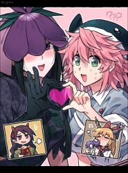  4girls :d ? ?? animal_hat beamed_eighth_notes black_hair blue_hat blush bow bowtie closed_eyes commentary_request cup dress drinking flower flower_on_head gourd green_eyes green_shirt hair_bow hat heart heart_hands heart_hands_duo holding holding_cup holding_gourd horn_ornament horn_ribbon horns ibuki_suika letterboxed lobelia_(flower) long_hair lotus_eaters medium_hair multiple_girls musical_note nippaku_zanmu okunoda_miyoi open_mouth orange_hair pink_background pink_hair puff_of_air purple_dress purple_flower re_ghotion red_bow red_bowtie ribbon sakazuki shirt smile sweat touhou twitter_username violet_eyes white_shirt yomotsu_hisami 