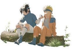  2boys absurdres bandaged_leg bandages black_hair blonde_hair blue_eyes blue_headband blue_shirt blue_shoes closed_eyes detached_sleeves dirty dirty_face facial_mark fishnet_top fishnets food full_body headband highres holding holding_food jacket jenmushroom jumpsuit looking_at_another male_focus multiple_boys naruto_(classic) naruto_(series) onigiri open-toe_shoes orange_jacket orange_jumpsuit orange_pants pants parted_bangs shirt shoes short_hair shorts sitting_on_log spiky_hair twitter_username uchiha_sasuke uzumaki_naruto whisker_markings white_background white_shorts white_sleeves 