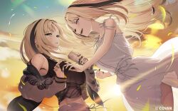  2girls :d absurdres animal_print aqua_eyes black_hair black_jacket black_nails black_shirt black_tank_top blonde_hair breasts commentary_request copyright_name curtained_hair day dress dual_persona ear_piercing earrings grey_pants halter_shirt halterneck highres holding hololive hololive_dev_is jacket jewelry koganei_niko large_breasts long_hair looking_at_another looking_at_viewer multicolored_hair multiple_girls multiple_rings nail_polish official_art open_mouth outdoors pants parted_hair parted_lips piercing ring see-through_clothes see-through_shirt shirt sleeveless sleeveless_dress sleeveless_shirt smile spaghetti_strap streaked_hair sukajan sun sundress tank_top tiger_print torianco3 virtual_youtuber white_dress 