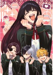  0u0_wnwnak3 4boys arms_up black_hair brown_eyes brown_hair clenched_hands closed_eyes commentary crossdressing crossdressing_(mtf) excited furin_high_school_uniform green_jacket highres jacket long_hair multicolored_hair multiple_boys nirei_akihiko open_mouth red_hair red_lips sakura_haruka_(wind_breaker) school_uniform smile suo_hayato tsubakino_tasuku two-tone_hair white_hair wind_breaker_(nii_satoru) 