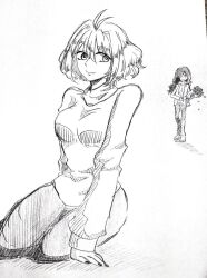  1boy 1girl ahoge arcueid_brunestud black_hair black_pants black_pantyhose bouquet breasts falling_petals hair_intakes hair_over_one_eye hukurou_nayuta lineart long_hair looking_at_viewer michael_roa_valdamjong nail_polish on_floor open_clothes open_mouth open_shirt pants pantyhose petals screenshot short_hair sketch smile sweater traditional_media tsukihime turtleneck turtleneck_sweater walking 