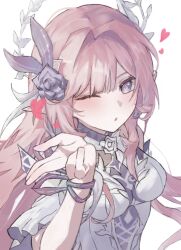  1girl blowing_kiss breasts commentary cyrene_(honkai:_star_rail) cyrene_(ripples_of_past_reverie)_(honkai:_star_rail) diamond-shaped_pupils diamond_(shape) dress flower hair_flower hair_ornament halo heart highres honkai:_star_rail honkai_(series) large_breasts looking_at_viewer nayuta_(8888_mugen) pink_hair pointy_ears simple_background solo symbol-only_commentary symbol-shaped_pupils violet_eyes white_background white_dress 