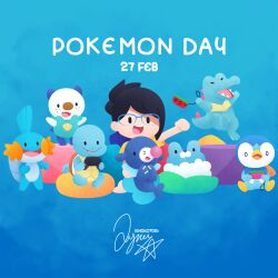  arm_up black_hair blue_background controller copyright_name dated froakie game_controller glasses holding holding_controller holding_game_controller joy-con kinokorin mudkip no_humans open_mouth oshawott pillow piplup pokemon pokemon_(creature) popplio shirt signature simple_background solid_oval_eyes squirtle totodile yellow_shirt 