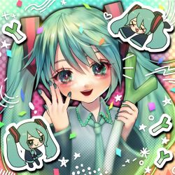  1girl aegyo_sal aqua_eyes aqua_hair aqua_nails bare_shoulders black_sleeves chibi chibi_inset colored_eyelashes detached_sleeves dot_nose grey_shirt hair_between_eyes hair_ornament hanjuku_otome hatsune_miku holding long_hair looking_at_viewer necktie open_mouth shirt skirt sleeveless sleeveless_shirt smile sparkling_eyes spring_onion teeth twintails upper_teeth_only very_long_hair vocaloid x_x 