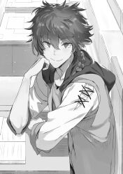  1boy braid chair classroom closed_mouth collarbone desk elbow_rest from_above greyscale hair_between_eyes hand_on_own_chin head_rest highres hood hood_down hooded_jacket indoors jacket kanzen_muken_no_shinjin_majutsusei long_hair long_sleeves looking_at_viewer messy_hair monochrome nauribon non-web_source notebook novel_illustration official_art ren_aushtatt school school_chair shirt sitting sleeves_rolled_up smile solo tsurime upper_body 