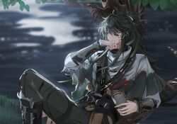  1boy absurdres arm_armor black_hair black_pants blind blurry blurry_background chromatic_aberration cloak commentary flask grey_eyes hair_between_eyes highres holding holding_flask knee_up long_hair male_focus outdoors pants parted_lips ponytail qiuyuan_(wuthering_waves) rin0_(gujrv) sitting solo white_cloak wiping_mouth wuthering_waves 