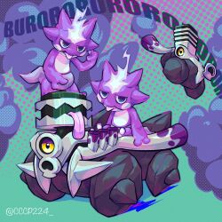  blue_eyes cccp224 commentary_request gas highres jitome no_humans one-eyed open_mouth pokemon pokemon_(creature) pokemon_focus revavroom sitting standing tongue tongue_out toxel twitter_username varoom yellow_eyes 