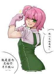  1girl ;d biceps chinese_commentary chinese_text clenched_hand collared_shirt colored_inner_hair commentary_request cropped_legs crown double-parted_bangs flexing gardener_grass_(plants_vs._zombies) gloves green_eyes green_hair green_overalls grin hair_between_eyes hand_on_own_arm hat hat_tip high_side_ponytail mini_crown multicolored_hair one_eye_closed overalls personification pink_gloves pink_hair pink_hat plants_vs._zombies plants_vs._zombies_2 plants_vs._zombies_2_(chinese) shirt short_hair short_side_ponytail side_ponytail simple_background sleeve_rolled_up smile solo sparkle speech_bubble translation_request two-tone_hair veghia white_background white_shirt 