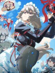 1boy alexandrina_sebastiane corin_wickes ellen_joe fishing fishing_rod happy_birthday long_hair multiple_girls short_hair thumbs_up von_lycaon wolf_boy zenless_zone_zero