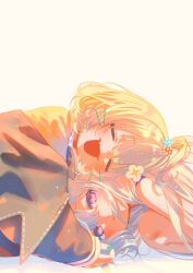  2girls :d ahoge aqua_nails beads blonde_hair blush commentary enna_alouette enna_alouette_(1st_costume) hair_beads hair_ornament hashtag-only_commentary highres lion_iscat long_hair looking_at_viewer medium_hair millie_parfait millie_parfait_(1st_costume) multiple_girls nijisanji nijisanji_en simple_background smile sparkle symbol-only_commentary violet_eyes virtual_youtuber white_background 