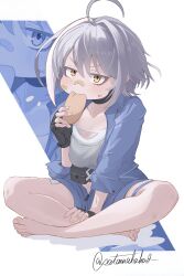  1girl ahoge bandaged_fingers bandages bandaid bandaid_on_cheek bandaid_on_face bandaid_on_nose black_gloves blue_jumpsuit blue_shorts blush bread choker collarbone crop_top earrings eating feet fingerless_gloves food food_on_face gloves goddess_of_victory:_nikke grey_hair grey_shirt hair_intakes highres holding holding_food indian_style jewelry jumpsuit looking_at_viewer mori_(nikke) multicolored_hair open_jumpsuit pouch sata_(satawahaha) shirt short_hair short_jumpsuit shorts sitting solo streaked_hair thigh_strap twitter_username v-shaped_eyebrows white_background white_hair yellow_eyes zoom_layer 