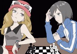  1boy 1girl black_background blonde_hair blue_jacket calem_(pokemon) eyewear_on_headwear grey_eyes grey_hair grey_shirt hat int168 jacket long_hair long_sleeves looking_at_another mega_ring pink_hat pokemon pokemon_xy red_skirt serena_(pokemon) shirt short_hair simple_background skirt sleeveless_duster sunglasses turtleneck turtleneck_jacket upper_body white-framed_eyewear 
