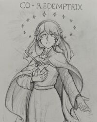  1girl cape christian_mythology christianity graphite_(medium) heart highres jos91doodles latin_text long_hair long_sleeves saint smile sword the_bible traditional_media virgin_mary weapon 