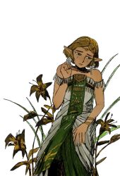  1girl bare_shoulders black_flower blonde_hair bracelet bright_pupils chinese_commentary circlet closed_mouth collarbone commentary_request detached_sleeves dress earrings facial_tattoo feather_sleeves feet_out_of_frame flower frown gold_bracelet gold_circlet green_dress green_eyes green_tabard hand_on_lap hand_on_own_ear highres jewelry layered_dress lily_(flower) long_dress looking_to_the_side pointy_ears princess_zelda sad short_hair short_sleeves simple_background sitting solo strapless strapless_dress tabard tattoo teardrop_tattoo the_legend_of_zelda the_legend_of_zelda:_twilight_princess thick_lips white_background white_dress white_pupils white_sleeves xinzangjian 