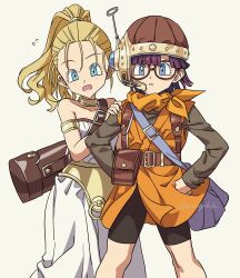  2girls antennae armlet bag bare_shoulders bike_shorts black_shorts blonde_hair blue_eyes blunt_bangs blunt_ends breasts chrono_trigger cowboy_shot glasses gold_armlet gold_choker grey_shirt hand_on_another&#039;s_shoulder hands_on_own_hips headset helmet hosodayo jewelry light_blush long_hair long_sleeves lucca_ashtear marle_(chrono_trigger) medium_breasts multiple_girls neckerchief open_mouth orange_neckerchief orange_tunic parted_bangs parted_lips ponytail purple_hair romper shirt short_hair shorts shoulder_bag toriyama_akira_(style) tunic twitter_username white_romper 