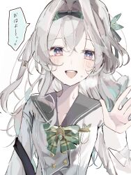  1girl black_hairband blush bow bowtie buttons collared_shirt commentary_request double-breasted firefly_(honkai:_star_rail) firefly_(spring_missive)_(honkai:_star_rail) gradient_hair green_bow green_bowtie green_pupils grey_hair grey_ribbon grey_sailor_collar hair_between_eyes hair_intakes hair_ornament hair_ribbon hairband highres honkai:_star_rail honkai_(series) long_hair long_sleeves multicolored_eyes multicolored_hair open_mouth partial_commentary plaid_bow plaid_bowtie plaid_clothes popopoyu0 ribbon sailor_collar shirt smile solo speech_bubble teeth upper_teeth_only white_shirt white_sleeves 