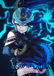  1girl black_gloves black_shirt blue_background blue_eyes blue_hair blue_skirt breasts closed_mouth cloumello commentary commission cowboy_shot electricity electrokinesis english_commentary gloves hand_up helmet highres long_hair looking_at_viewer original shirt skirt smile solo tsurime vgen_commission watermark 