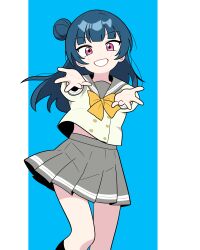  1girl absurdres blue_background blue_hair blush border bow bowtie dot_nose feet_out_of_frame grey_sailor_collar grey_skirt grin hair_bun highres jorang_(jorang08) long_hair looking_at_viewer love_live! love_live!_sunshine!! midriff_peek palms pink_eyes pleated_skirt reaching reaching_towards_viewer sailor_collar school_uniform serafuku single_hair_bun single_side_bun skirt smile solo tsushima_yoshiko uranohoshi_school_uniform white_border wind wind_lift winter_uniform yellow_bow yellow_bowtie 