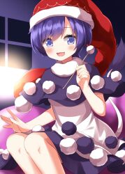  1girl :3 :d black_dress blush commentary_request doremy_sweet dress feet_out_of_frame hat highres holding looking_at_viewer mimikaki nightcap open_mouth pom_pom_(clothes) purple_hair red_hat ruu_(tksymkw) short_hair sitting smile solo tail touhou two-tone_dress violet_eyes white_dress 