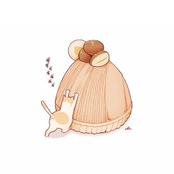  cat chai_(drawingchisanne) food mont_blanc_(food) no_humans original scratching signature solo spots tail_raised undersized_animal white_background 