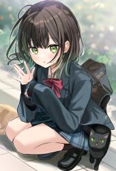  1girl \||/ ahoge black_jacket black_shoes blue_skirt blurry blurry_background brown_bag brown_hair cat dot_nose full_body gradient_hair green_eyes green_hair hands_up highres jacket kneeling light_blush looking_at_viewer medium_hair miniskirt multicolored_hair neck_ribbon original outdoors parted_lips photography_club_senior_(yukimaru_nun) plaid_clothes plaid_skirt ribbon shirt shoes skirt sleeves_past_wrists solo white_shirt yukimaru_nun 