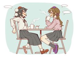  2girls alternate_costume black_ribbon black_skirt black_socks blank_speech_bubble blush brown_hair chair collared_shirt commentary cup fang hat himekaidou_hatate holding holding_cup long_hair long_sleeves mary_janes multiple_girls neck_ribbon no_wings on_chair open_mouth pink_shirt pleated_skirt pointy_ears purple_hat purple_shoes red_eyes red_hat red_shoes ribbon sakic43899 shameimaru_aya shirt shoes sitting skirt smile socks speech_bubble steam tokin_hat touhou twintails white_shirt 