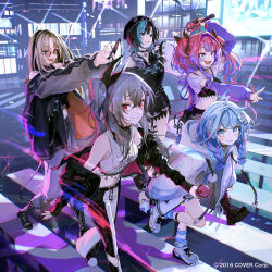  5girls :d ;p absurdres ahoge album_cover animal_print ankle_strap aqua_hair arm_up balloon beret black_boots black_bow black_bra black_choker black_hair black_hat black_jacket black_pants black_shirt black_tank_top blonde_hair blue_eyes blue_hair blue_shirt blue_shorts blue_socks blunt_bangs boots bow bra bra_over_clothes braid braided_bangs cake choker closed_mouth commentary_request confetti copyright_notice cover cropped_shirt crosswalk curtained_hair double-parted_bangs earrings flow_glow_(hololive) food full_body grey_hair grey_pants grin hair_bow hair_flaps halter_shirt halterneck hand_up hat headphones headphones_around_neck highres holding holding_microphone holding_phone hololive hololive_dev_is isaki_riona jacket jacket_partially_removed jewelry kikirara_vivi koganei_niko lace-up_boots lightning_ahoge ligton1225 long_hair long_shirt long_sleeves looking_at_viewer loose_socks low_twin_braids medium_hair microphone midriff mizumiya_su multicolored_hair multiple_girls navel navel_piercing o-ring o-ring_choker off-shoulder_shirt off_shoulder official_art one_eye_closed one_side_up open_mouth orange-tinted_eyewear outstretched_arms pants phone piercing pink_hair purple_arm_warmers purple_hair raglan_sleeves red_eyes rindo_chihaya round_eyewear see-through_clothes see-through_shirt shirt shoes short_shorts shorts side_braid sidelocks sleeveless sleeveless_shirt slit_pupils smile sneakers socks straight_hair streaked_hair striped_clothes striped_socks sukajan sunglasses sweatpants swept_bangs tank_top tiger_print tinted_eyewear tongue tongue_out torn_clothes torn_shirt twin_braids twintails two-tone_pants underwear virtual_youtuber walking white_hair white_jacket white_pants white_shirt white_shoes 