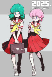  2025 2girls aqua_hair arms_behind_back bag blue_eyes brown_bag closed_mouth full_body grey_background high_school!_kimengumi holding holding_bag kawa_yui looking_at_another medium_hair multiple_girls neckerchief parted_lips pink_hair pleated_skirt red_sailor_collar red_skirt sailor_collar sasaki_tomomi school_uniform shirt shoes short_hair short_sleeves skirt smile sneakers socks teeth twitter_username uru_chie walking white_shirt white_shoes white_socks yellow_neckerchief 