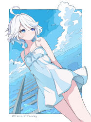  1girl ahoge arms_behind_back bare_arms bare_shoulders blue_eyes blue_pupils blue_sky blush border closed_mouth clouds collarbone commentary cowboy_shot cumulonimbus_cloud day dress english_text furina_(genshin_impact) genshin_impact hair_between_eyes heterochromia highres looking_to_the_side medium_hair outdoors outside_border purple_pupils sasanekomaru sky sleeveless sleeveless_dress solo standing violet_eyes white_border white_dress white_hair 
