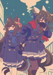  2girls animal_ears black_gloves black_pantyhose blue_coat blue_scarf bow braid brown_hair buttons coat daiichi_ruby_(umamusume) daitaku_helios_(umamusume) double-breasted drill_hair ear_covers ear_flower ear_ornament facial_tattoo flower gloves hair_between_eyes hair_bow hair_ornament hairclip holding_hands honkawa_works horse_ears horse_girl horse_tail long_hair multicolored_hair multiple_girls pantyhose pleated_skirt red_scarf scarf school_uniform side_ponytail skirt star_(symbol) star_hair_ornament streaked_hair tail tattoo tracen_school_uniform tracen_winter_coat twin_drills umamusume violet_eyes white_gloves white_pantyhose winter_clothes winter_coat winter_uniform yellow_eyes yuri 