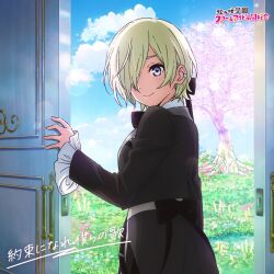  1girl back_bow black_bow black_bowtie black_jacket black_skirt bow bowtie closed_mouth collared_shirt commentary_request doorway earclip frilled_sleeves frills from_inside highres jacket like_a_treasure_(love_live!) long_sleeves looking_at_viewer love_live! love_live!_nijigasaki_high_school_idol_club love_live!_nijigasaki_high_school_idol_club_the_movie_-_finale mia_taylor official_alternate_costume official_art open_clothes open_jacket shirt short_hair skirt smile solo split_mouth tree violet_eyes white_shirt 