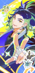  1boy adaman_(pokemon) blue_hair chromatic_aberration earrings fingerless_gloves gloves green_hair highres jewelry leafeon long_hair looking_at_viewer male_focus multicolored_hair pokemon pokemon_(creature) pokemon_legends:_arceus ponytail sparkle two-tone_hair umbreon uoongpig v vaporeon white_gloves yellow_eyes 