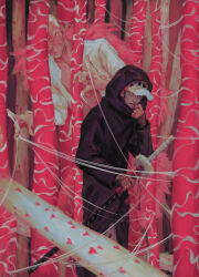  2boys absurdres black_cloak black_hair cloak donquixote_doflamingo earrings grey_eyes hand_tattoo hat heart highres holding holding_sword holding_weapon hood hooded_cloak jewelry male_focus multiple_boys one_piece open_clothes open_shirt shirt short_hair sideburns silk smile spider_web sunglasses sword symbolism tattoo tolyboush trafalgar_law tree weapon white_hat white_shirt 