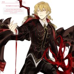  1boy alternate_costume black_coat blonde_hair blood blood_on_hands coat cosplay cowboy_shot english_commentary english_text highres holding holding_polearm holding_weapon jewelry kefir1704 la_manchaland&#039;s_don_quixote_(project_moon) la_manchaland&#039;s_don_quixote_(project_moon)_(cosplay) lance limbus_company male_focus necklace nepal polearm project_moon red_eyes short_hair simple_background sinclair_(project_moon) smile solo strawpage weapon white_background 