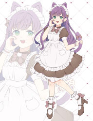  1girl :d absurdres alternate_costume animal_ears apron bow bowtie brown_dress brown_shoes cat_brooch cat_ears cat_tail commentary dotted_line dress frilled_apron frilled_socks frills full_body green_eyes grid_background half-heart_hands harukawa_inoki heart heart_background high_heels highres holding_own_tail link!_like!_love_live! long_hair looking_at_viewer love_live! maid maid_apron maid_headdress mary_janes medium_dress nyan_nyan_nyan_fair_in_gamers open_mouth otomune_kozue pink_bow pink_bowtie puffy_short_sleeves puffy_sleeves purple_hair shoes short_sleeves smile socks solo tail virtual_youtuber white_apron white_background white_socks zoom_layer 