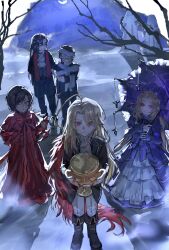  2boys 2others 3girls absurdres ahoge ascot bandaged_head bandages bare_tree black_boots black_hair black_jacket black_pants blonde_hair bonnet boots bow brown_hair chalice closed_mouth coat cup don_quixote_(project_moon) dress feather_boa frilled_dress frills full_body ghost_costume gloves gregor_(project_moon) hair_between_eyes halloween halloween_bucket highres holding holding_umbrella horns jacket katana kkolo432271 la_manchaland_(identity)_(project_moon) limbus_company long_dress long_hair long_sleeves looking_at_viewer meursault_(project_moon) moon multiple_boys multiple_girls multiple_others night outdoors outis_(project_moon) pants parasol parted_bangs project_moon pumpkin purple_dress red_bow red_dress red_eyes red_horns rodion_(project_moon) sancho_(project_moon) short_hair sky standing stole sword tree trick_or_treat umbrella very_long_hair weapon white_ascot white_pants 