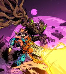  2boys animal_ears brown_hair claws colored_skin duplicate energy_beam energy_gun facial_hair fangs firing furry furry_male gloves groot guardians_of_the_galaxy gun highres holding holding_gun holding_weapon jetpack leo_chiola machine male_focus marvel marvel_snap military_vehicle multicolored_armor multiple_boys official_art open_mouth pawpads planet raccoon raccoon_boy raccoon_ears raccoon_tail red_eyes rocket_raccoon science_fiction short_hair space space_shuttle spacecraft spiked_gauntlets spiked_gloves tail weapon whiskers 