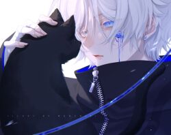  1boy black_cat black_coat blue_eyes cat coat commentary earrings english_commentary grey_eyes hair_between_eyes heterochromia intravenous_drip jewelry looking_at_animal male_focus mooshiki mooshiki_(character) nose original parted_lips petting short_hair simple_background solo upper_body white_background white_hair zipper zipper_pull_tab 
