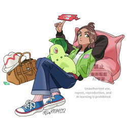  1girl alternate_skin_color arm_up blue_shoes brown_bag brown_hair chikorita closed_mouth commentary_request cushion green_eyes green_jacket hair_bun harmony_(pokemon) hat highres jacket long_sleeves looking_to_the_side on_lap open_clothes open_jacket pants pink_socks pokemon pokemon_(creature) pokemon_legends:_z-a pokemon_on_lap ribbed_socks shirt shoes socks tsuruba_(tsu41014812) twitter_username unworn_hat unworn_headwear watermark white_background white_shirt 