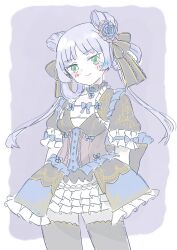  1girl arms_at_sides artist_name assault_lily banshouya_ena black_dress black_ribbon black_thighhighs blue_bow blue_dress blue_flower blue_rose blush border bow closed_mouth commentary_request cowboy_shot double_bun dress dress_bow flower frilled_dress frilled_sleeves frills fumi_(fumifumi3axl) green_eyes grey_pantyhose hair_bun hair_flower hair_ornament hair_ribbon hair_rings highres layered_dress long_hair official_alternate_costume official_alternate_hairstyle outside_border pantyhose puffy_short_sleeves puffy_sleeves purple_background purple_hair ribbon rose rounded_corners short_sleeves simple_background sleeve_bow smile solo standing thigh-highs thighhighs_over_pantyhose two-tone_dress white_border 