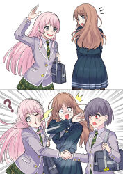  3girls bang_dream! bang_dream!_it&#039;s_mygo!!!!! blue_eyes blue_shirt blue_skirt brown_hair chihaya_anon chinese_commentary commentary_request diagonal-striped_clothes diagonal-striped_necktie green_necktie green_skirt grey_eyes grey_hair grey_jacket handshake haneoka_school_uniform highres imminent_slap jacket long_hair misunderstanding multiple_girls nagasaki_soyo necktie one_eye_closed open_mouth pink_hair pleated_skirt red_eyes school_uniform shirt skirt slapping striped_clothes takamatsu_tomori tsukinomori_school_uniform tu_zaizi 