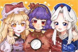  3girls arm_around_neck blonde_hair blush bow breasts commentary curtained_hair dated dress frilled_hat frills grey_hair grin hair_ornament hakunemui hat hat_bow heart highres in-franchise_crossover large_breasts leaf_hair_ornament looking_at_viewer mob_cap multiple_girls name_connection nurse_cap orange_background outline purple_hair purple_tabard red_bow red_shirt shirt smile split-color_clothes tabard touhou trait_connection translation_request twitter_username two-tone_dress upper_body white_dress white_hat white_outline yagokoro_eirin yakumo_yukari yasaka_kanako 