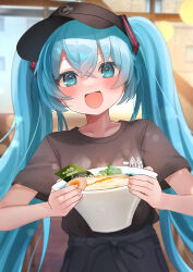  1girl absurdres apron aqua_eyes aqua_hair black_cat black_shirt blue_apron blush bowl cat employee_uniform food hair_between_eyes hatsune_miku highres holding holding_bowl long_hair meruko-san noodles open_mouth ramen shirt short_sleeves smile solo twintails very_long_hair visor_cap vocaloid 