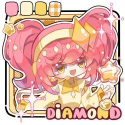  +_+ 1girl above-cleavage_cutout amulet_dia bare_shoulders border character_name chibi chinese_commentary clothing_cutout collared_shirt color_guide commentary_request detached_sleeves diamond_cutout diamond_hair_ornament eyelashes eyes_visible_through_hair frilled_sleeves frills hair_between_eyes happy headphones headset highres hinamori_amu humpty_lock_(shugo_chara!) idol light_blush long_sleeves looking_at_viewer magical_girl medium_hair object_floating_above_hand open_mouth outline outside_border outstretched_hand picture_frame pink_hair plaid_background shirt short_twintails shugo_chara! sleeveless sleeveless_shirt sleeves_past_wrists smile solo star_(symbol) twintails upper_body wavy_hair white_border white_outline wide_sleeves yanshuangjun yellow_background yellow_eyes yellow_shirt yellow_sleeves 