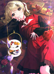  1girl azusawa_kohane black_coat blonde_hair blueberry box box_of_chocolates brown_nails coat commentary cropped_coat dress earrings fingernails flower food fruit fur-trimmed_coat fur_trim gift gift_box hair_intakes hair_ornament hair_ribbon hairclip hand_on_own_stomach heart heart-shaped_food heart_hair_ornament highres jewelry long_sleeves looking_at_viewer lying mina_(mi_na_3i7a) nail_polish on_back on_floor parted_lips plate project_sekai purple_flower purple_rose red_dress red_flower red_ribbon red_rose ribbon rose short_hair sleeves_past_wrists solo strawberry stuffed_animal stuffed_toy symbol-only_commentary teddy_bear tile_floor tiles twintails yellow_eyes 