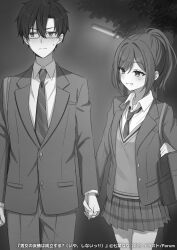  1boy 1girl aged_down averting_eyes bespectacled blush breasts closed_mouth collared_shirt commentary_request danjo_no_yuujou_wa_seiritsu_suru? embarrassed glasses greyscale hair_between_eyes high_ponytail highres holding_hands inuzuka_hibari looking_at_another miniskirt monochrome natsume_sakura novel_illustration official_art parum39 pleated_skirt ponytail school_uniform second-party_source shirt short_hair skirt standing wing_collar 