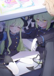  1boy 2girls :d =_= absurdres arm_rest armband belt black_belt black_boots black_hat black_jacket black_shorts black_skirt blue_archive blue_armband blush boots buttons chestnut_mouth closed_eyes commentary demon_girl demon_tail desk double-breasted fang flat_chest fuhao10708 full_body gloves green_hair hair_between_eyes hands_up hat heart heart_tail highres hikari_(blue_archive) indoors jacket jitome long_hair long_sleeves looking_at_viewer making_faces multiple_girls nozomi_(blue_archive) on_floor open_mouth pantyhose pleated_skirt pointy_ears pov pov_crotch pov_hands sensei_(blue_archive) shorts siblings sidelocks sisters sitting skin_fang skirt smile sweat symbol-only_commentary tail twins under_table very_long_hair wariza whistle white_gloves white_pantyhose yellow_eyes 